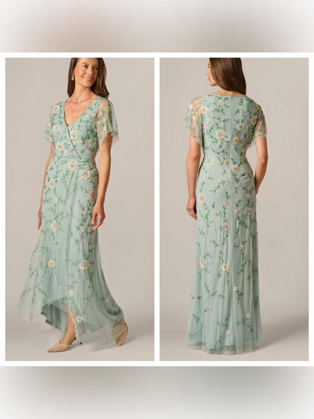 Adrianna Papell Flutter Sleeve Beaded Floral Faux Wrap Long Dress Aqua Dust 10